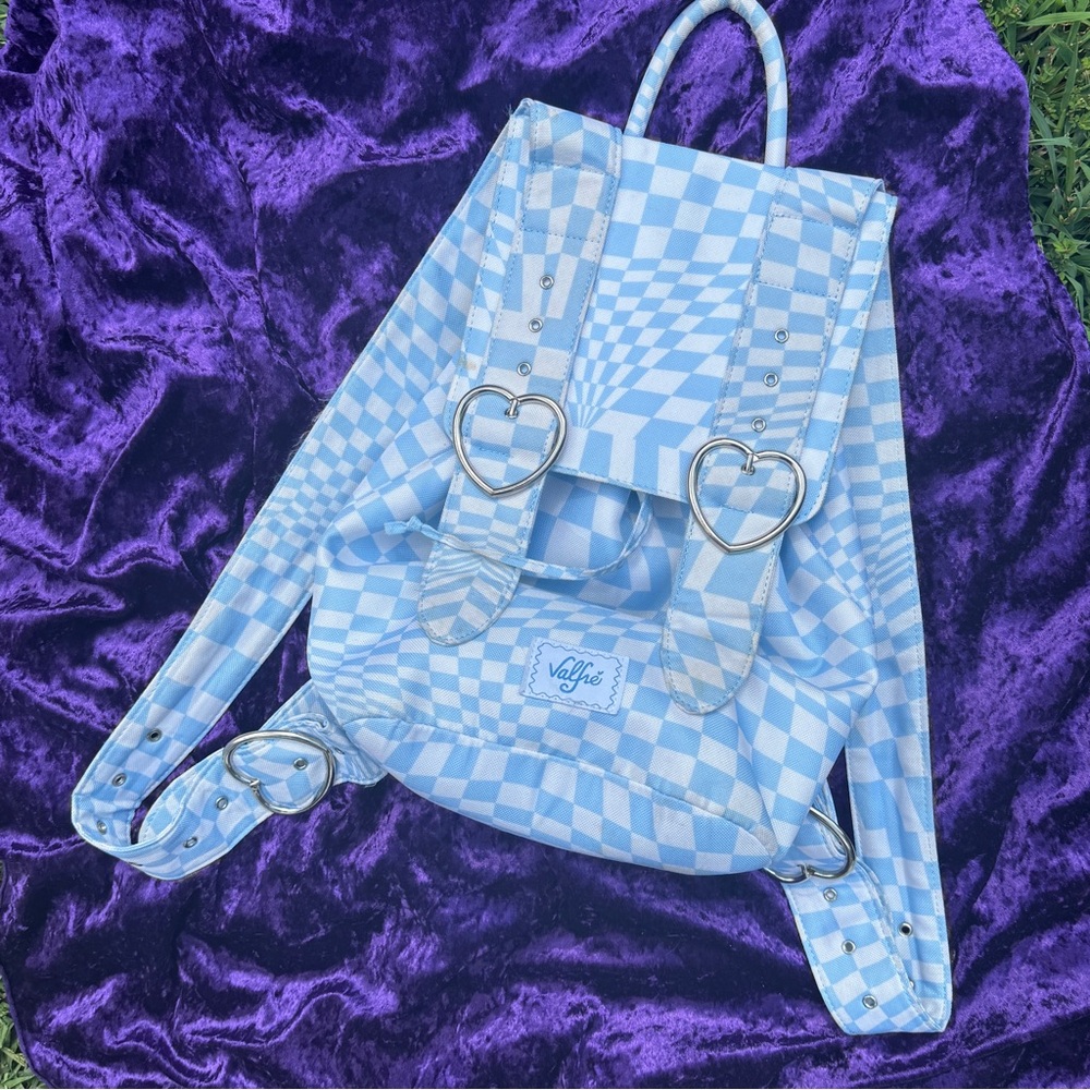 Valfre Blue Checkered Backpack with Heart Buckles
